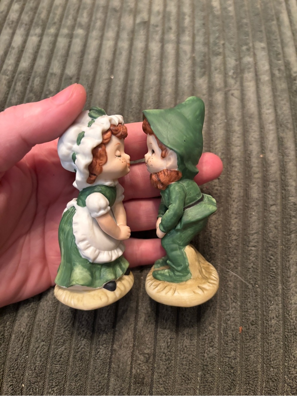 Vintage 1990s Lefton bisque porcelain leprechaun and Irish girl figurine set